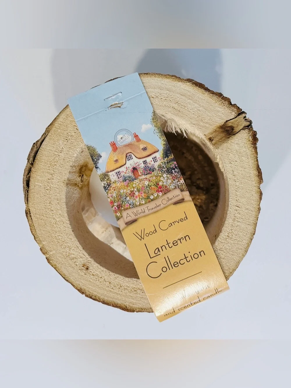 NEW Wood Carved Candle Lantern Holder - Natural Bark Finish